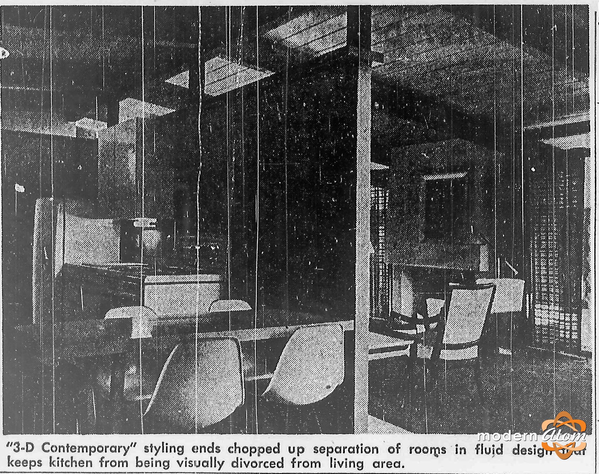 A photo from the Denver Post coverage of the first “3-D Contemporary” home introduced at the 1954 Denver Home Show. The caption reads ““3-D Contemporary” styling ends chopped up separation of rooms in fluid design that keeps kitchen from being visually divorced from living area.”